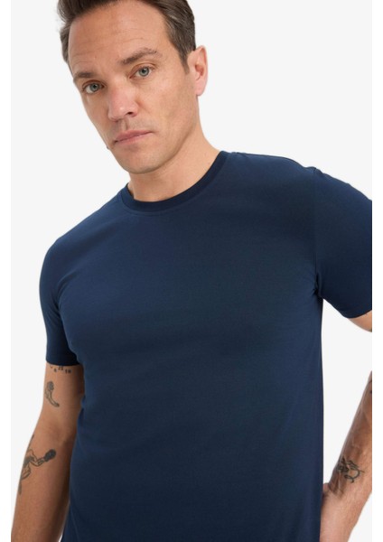 Slim Fit Dar Kesim Bisiklet Yaka Esnek Kumaş Kısa Kollu Tişört E2635AX25SM