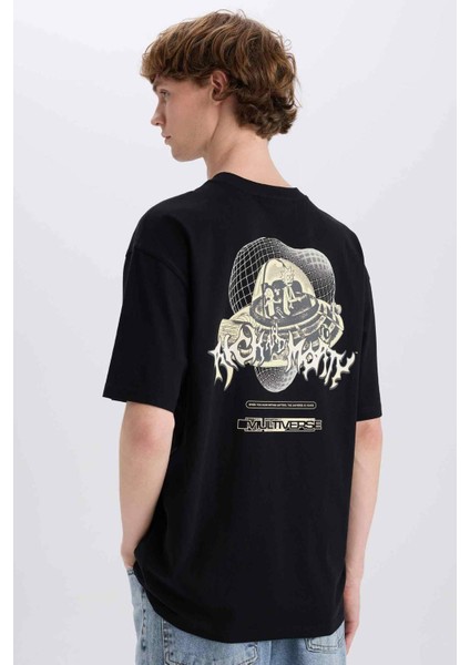 %100 Pamuk Rick and Morty Boxy Fit Bisiklet Yaka Sırt Baskılı Kısa Kollu Tişört E3268AX25SM