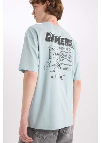 %100 Pamuk Looney Tunes Boxy Fit Bisiklet Yaka Sırt Baskılı Kısa Kollu Tişört D6774AX25SP