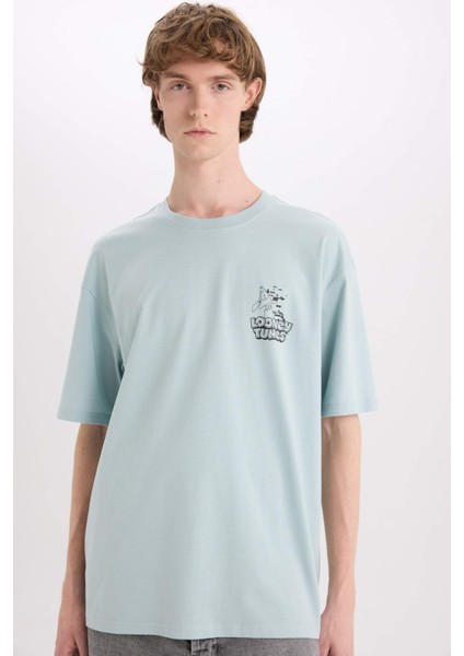 %100 Pamuk Looney Tunes Boxy Fit Bisiklet Yaka Sırt Baskılı Kısa Kollu Tişört D6774AX25SP modelleri