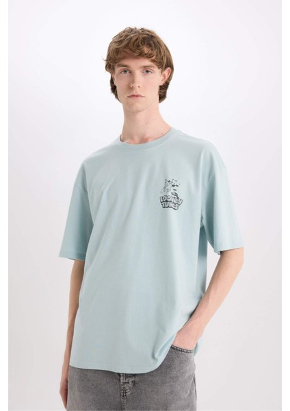 %100 Pamuk Looney Tunes Boxy Fit Bisiklet Yaka Sırt Baskılı Kısa Kollu Tişört D6774AX25SP fırsatları