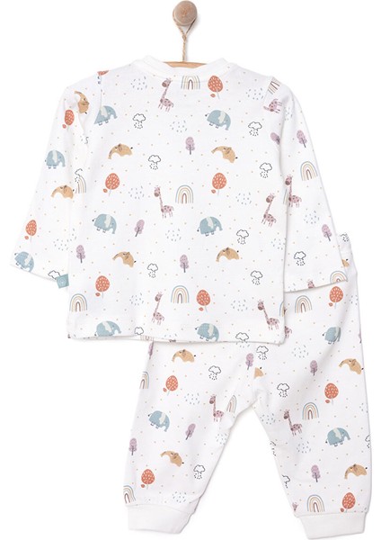 Erkek Bebek Pijama Takımı Interlok Bisiklet Yaka Reçme Paça Uzun Kol Beyaz 6 Ay