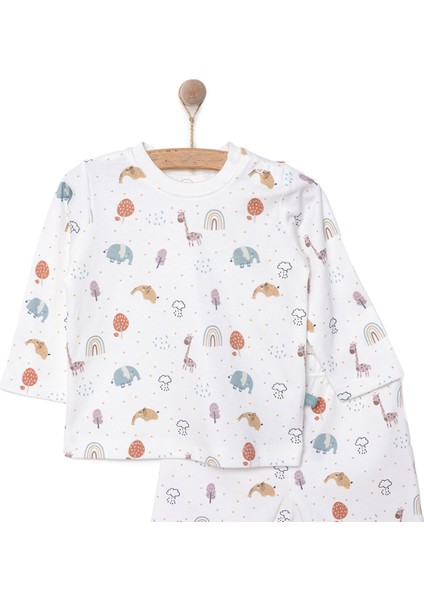Erkek Bebek Pijama Takımı Interlok Bisiklet Yaka Reçme Paça Uzun Kol Beyaz 6 Ay
