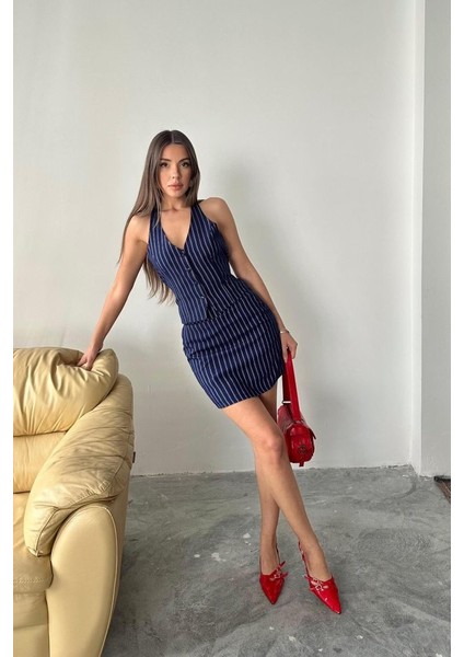 Lacivert Çizgili Yelek ve Etek Takım