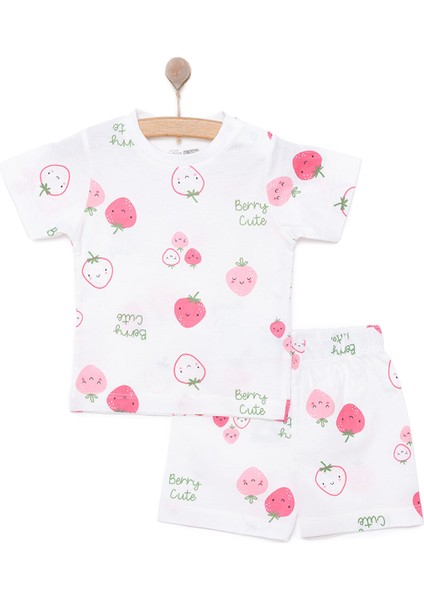 Kız Bebek Pijama Takımı Bisiklet Yaka Reçme Paça Kısa Kol Ekru 6 Ay