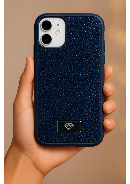 Apple iPhone 11 Uyumlu Kılıf Elmas Tasarımlı Lacivert Taşlı Işıltılı Pırlanta Silikon Kapak