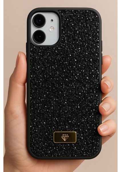 Apple iPhone 11 Uyumlu Kılıf Elmas Tasarımlı Siyah Taşlı Işıltılı Pırlanta Silikon Kapak