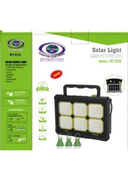 Everton RT-919 Şarjlı 300W Solar Panelli Projektör (3 Adet Ampül) (Led Gösterge)