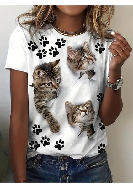 Kadın Kısa Kollu Kedi ve Pati Baskılı Süprem T-Shirt