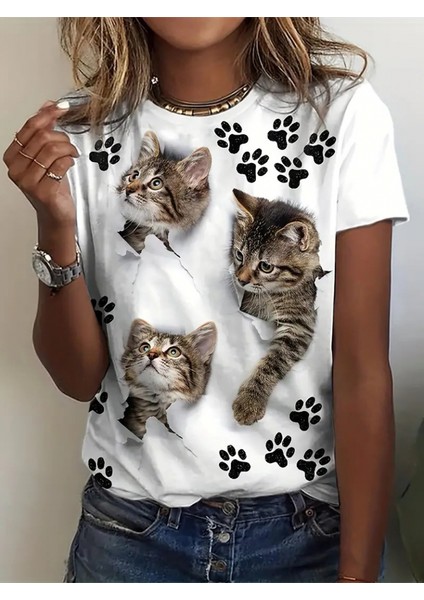 Kadın Kısa Kollu Kedi ve Pati Baskılı Süprem T-Shirt