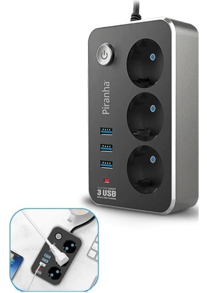 Isıya Dayanıklı Termal Akım Korumalı 2 mt 10A 2500W 3lü Priz ve 3 Usbi 21A Uzatma Kablosu ( Lisinya )