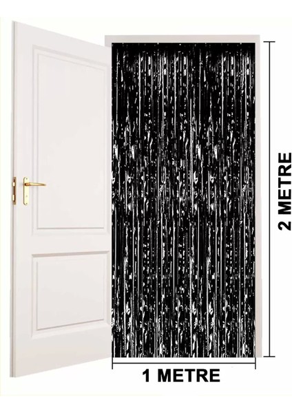 Siyah Renk Ekstra Metalize Parlak Saçaklı Arka Fon Perde Ithal 1x2 Metre