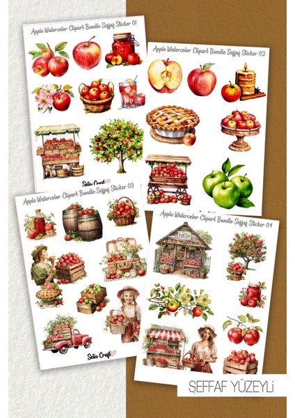 Elma Temalı Şeffaf Sticker Seti 01-02-03-04 Ajanda Planlayıcı Bullet Journal Için Uygundur