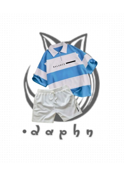 Çizgili Oversize Polo Yaka Yakası Fermuarlı Bebe Mavisi Balance Baskılı T-Shirt Şort 2'li Takım