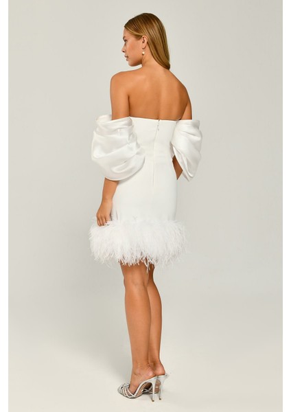 Alfa Beta Düşük Omuz Eteği Tüylü Saten Kısa Abiye Elbise MA-B6048 fiyatları