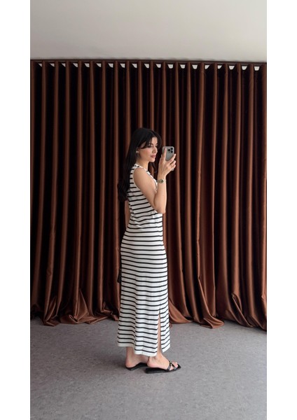 Siyah Çizgili Uzun Triko Elbise fiyatları