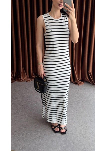 Siyah Çizgili Uzun Triko Elbise modelleri