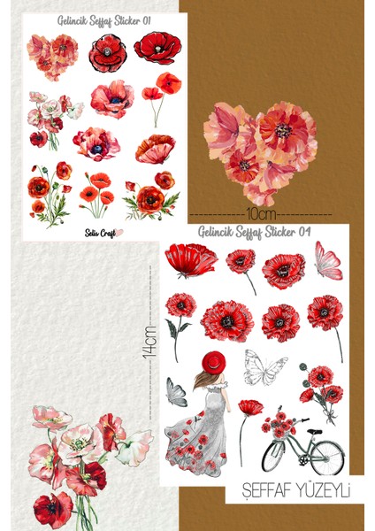Gelincik Çiçeği Temalı Şeffaf Sticker Seti 01-04 Ajanda Planlayıcı Bullet Journal Için Uygundur