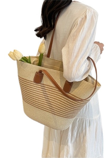 Mkjınmeı Dokuma Omuz Çantası Kontrast Renk Hasır Tote Çanta (Yurt Dışından)