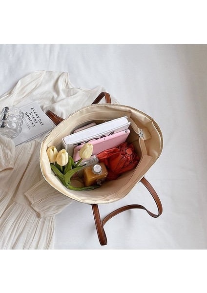 Mkjınmeı Dokuma Omuz Çantası Kontrast Renk Hasır Tote Çanta (Yurt Dışından) modelleri