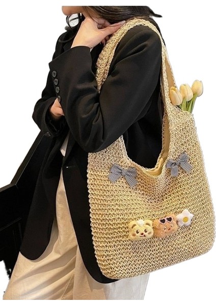 Mkjınmeı Büyük Kapasiteli Hasır Çanta Kadın Omuz Çantası (Yurt Dışından)