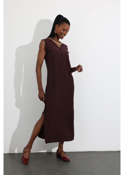 Mürdüm Çift V Yaka Tencel Elbise 3300