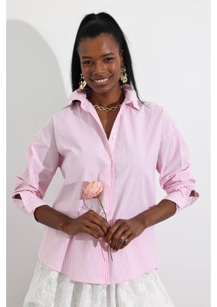 Pembe Çizgili Poplin Gömlek indirimleri