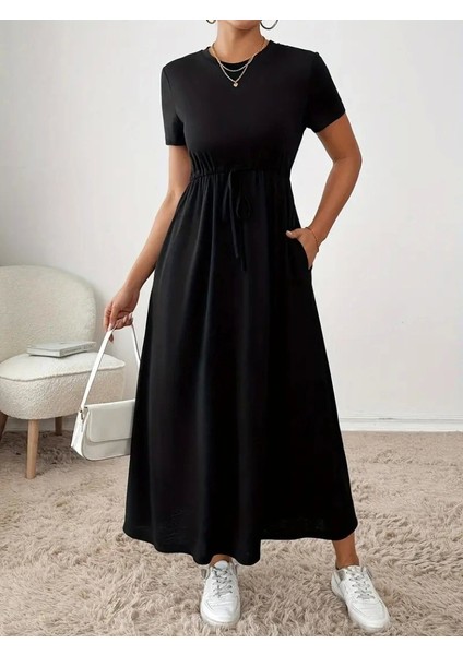 Kadın Kısa Kollu Bisiklet Yaka Belden Bağcıklı Cepli Viskon Elbise fırsatları