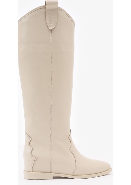 Kora Krem Deri Kadın Gizli Topuk Çizme