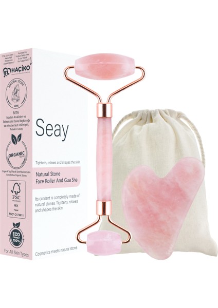 Pembe Kuvars Roller Ve Pembe Kalp Gua Sha Yüz Masaj Aleti Seti Keseli Değerli Doğal Taş Sertifikalı