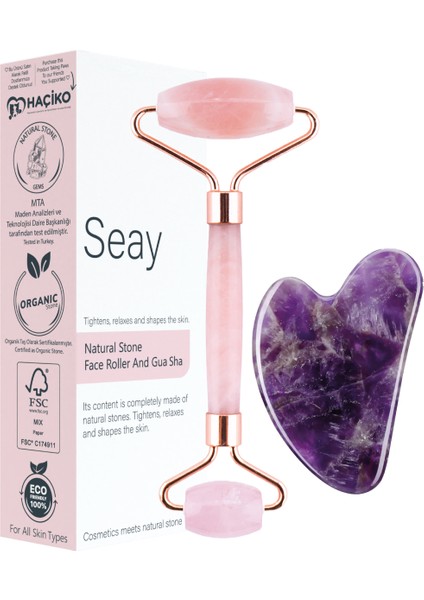 Pembe Kuvars Face Roller Ve Ametist Kalp Gua Sha Yüz Masaj Aleti Seti Değerli Doğaltaş Sertifikalı
