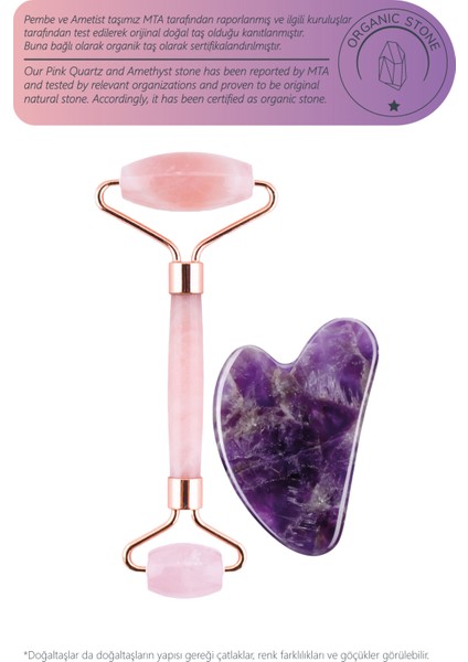Pembe Kuvars Face Roller Ve Ametist Kalp Gua Sha Yüz Masaj Aleti Seti Değerli Doğaltaş Sertifikalı