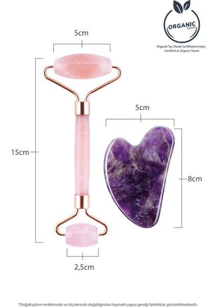 Pembe Kuvars Face Roller Ve Ametist Kalp Gua Sha Yüz Masaj Aleti Seti Değerli Doğaltaş Sertifikalı