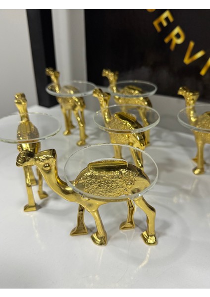 Dekoratif Gold Deve Aksesuarı Ayaklı Cam Lokumluk 6 Adet Kahve Yanı
