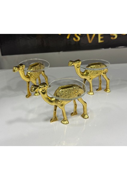 Dekoratif Gold Deve Aksesuarı Ayaklı 3 Adet Cam Lokumluk Kahve Yanı