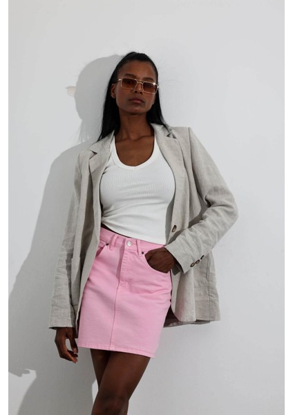 Pembe Mini Denim Etek
