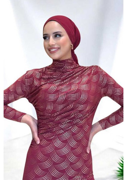 Desenli Büzgü Detaylı Elbise 3956 Bordo fırsatları