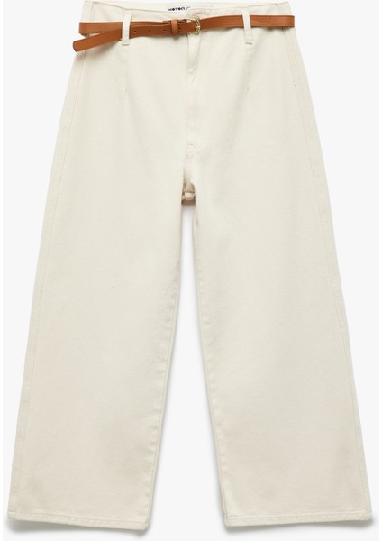Kemer Detaylı Cepli Düğmeli Kısa Geniş Paça Pantolon - Crop Wide Leg Jean