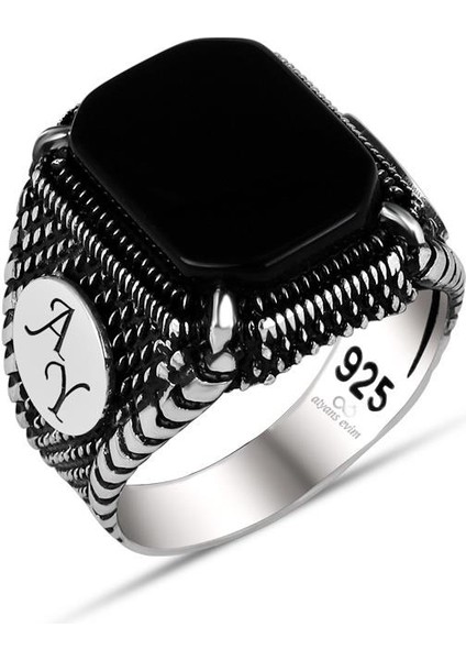 Harf Yazılı Siyah Oniks Taşlı 925 Gümüş Erkek Yüzük