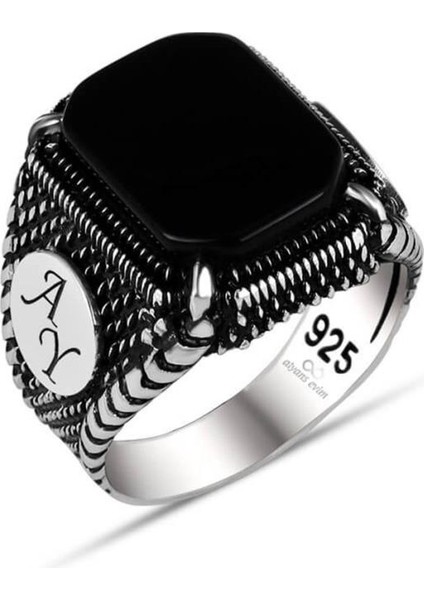 Harf Yazılı Siyah Oniks Taşlı 925 Gümüş Erkek Yüzük fiyatları