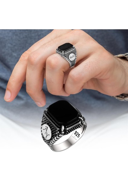 Harf Yazılı Siyah Oniks Taşlı 925 Gümüş Erkek Yüzük modelleri