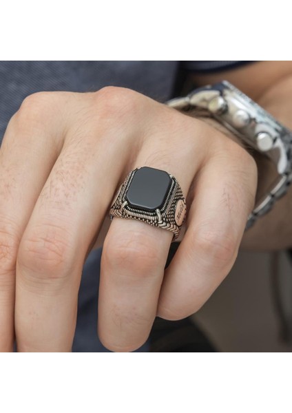 Harf Yazılı Siyah Oniks Taşlı 925 Gümüş Erkek Yüzük fırsatları