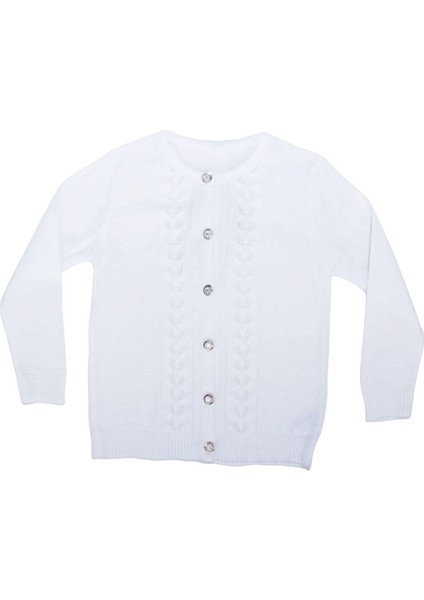 Kız Çocuk Beyaz Şeritli Örgü Desenli Inci Düğmeli Triko Hırka - 1013974