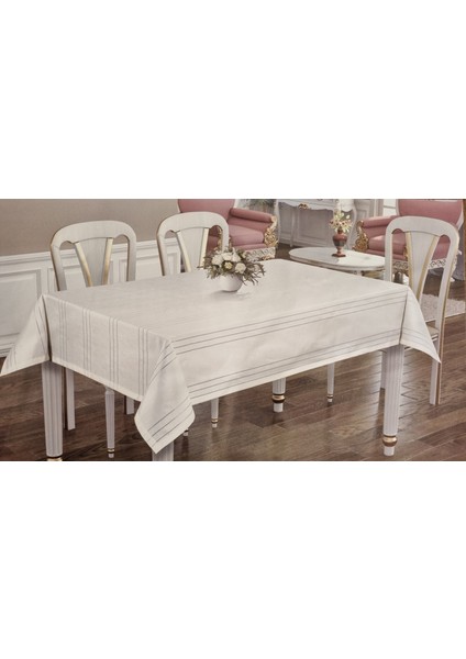 12 Kişilik Dikdörtgen Kolber Çizgili Leke Tutmaz Beyaz Masa Örtüsü