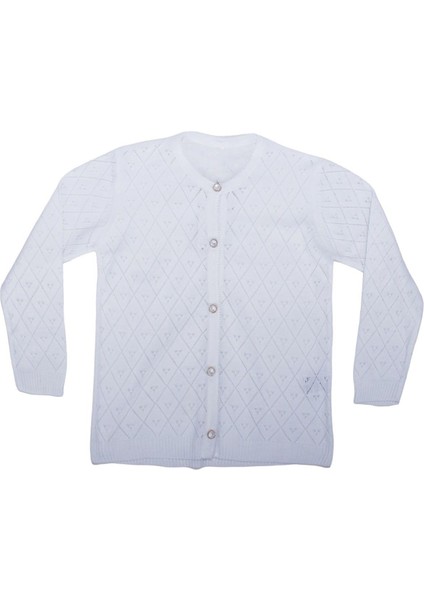 Kız Çocuk Beyaz Baklava Desenli Inci Düğmeli Triko Hırka - 1013972