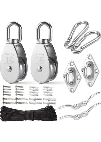 M15 Paslanmaz Çelik Makara Sistemi Kiti-Ağır Hizmet Tipi Makara Tekerleği, Naylon Halatlı Makara Bloğu 4MM, Kancalar, Plaka (2 Paket) (Yurt Dışından)