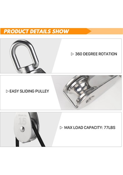 M15 Paslanmaz Çelik Makara Sistemi Kiti-Ağır Hizmet Tipi Makara Tekerleği, Naylon Halatlı Makara Bloğu 4MM, Kancalar, Plaka (2 Paket) (Yurt Dışından) fırsatları