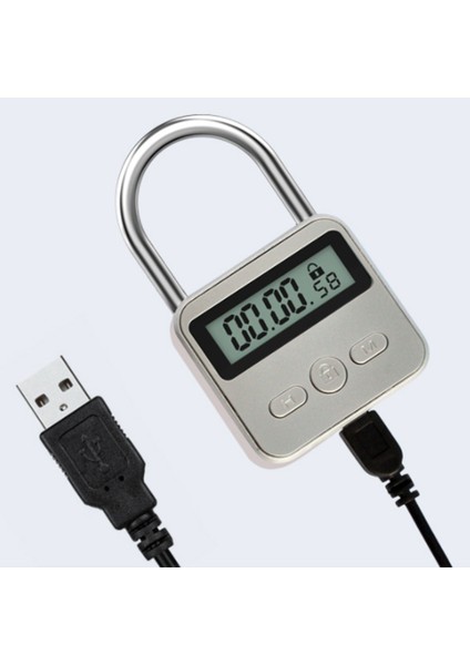 Metal Zamanlayıcı Kilidi LCD Ekran Çok Fonksiyonlu Zaman 99 Saat Maksimum Zamanlama USB Şarj Edilebilir Zamanlayıcı Asma Kilit, Gümüş (Yurt Dışından)
