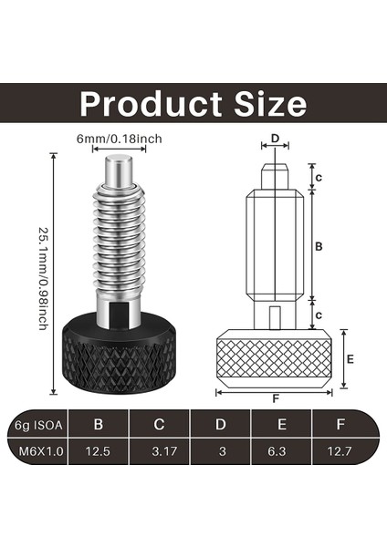Haddeleme Araç Kutusu Için Kilit M6 ile El Geri Çekilebilir Yaylı Piston, 1/4 Inç-20 Konu Boyutu 0.500 Inç Konu Uzunluğu, 4 Adet (Yurt Dışından)
