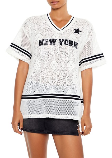 New York Varsity Çizgili Dantel Tişört